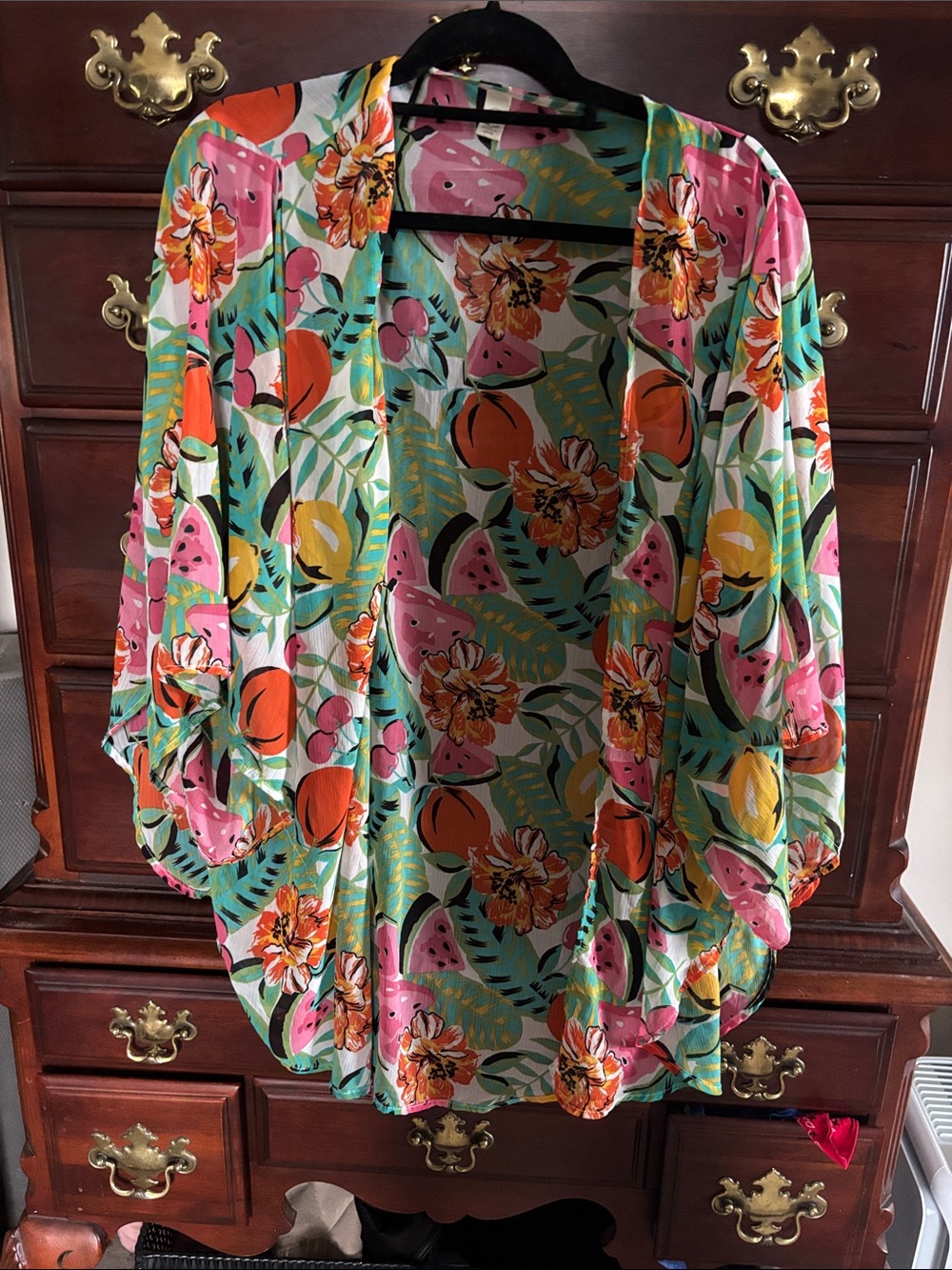 Cato Floral & Tropical Print Open Cardigan — Pink, Teal & Yellow